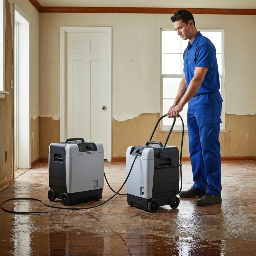 Air movers and dehumidifier drying a residential floor after water damage